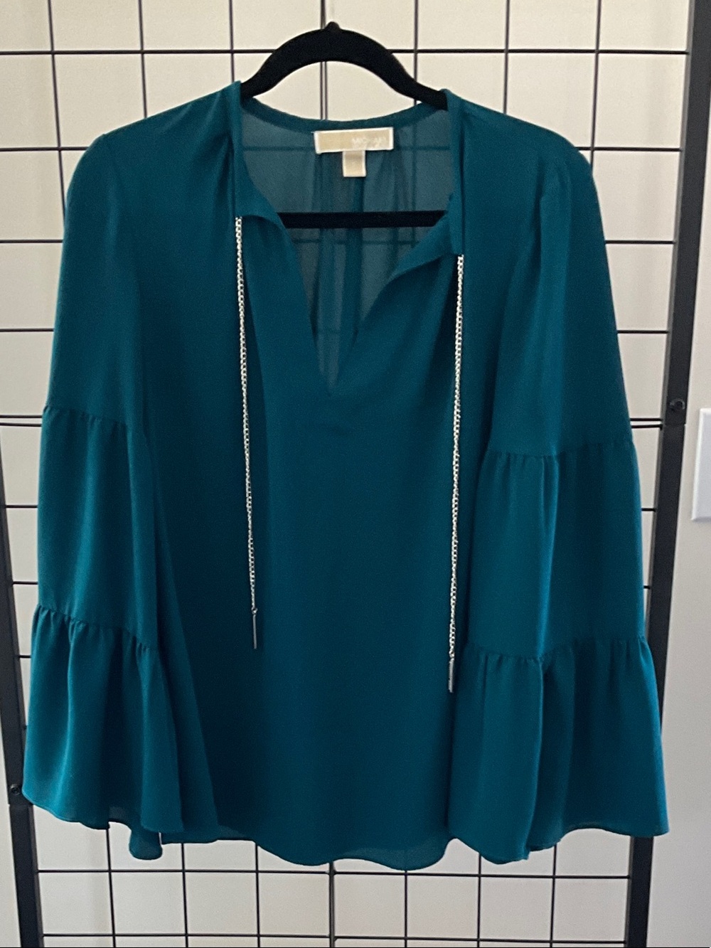 Michael Kors Teal Tiered Bell Sleeve Blouse with Silver Tassel Ties